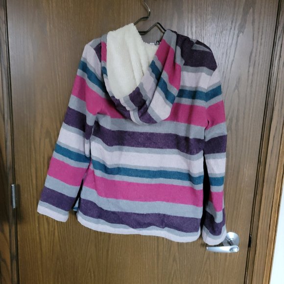ROXY Pink Purple Striped Fleece Hoodie Size Medium - Picture 13 of 16